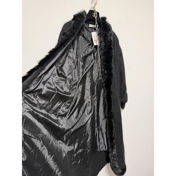 Modefia Coat Womens Medium Large Black Angora Blend Faux Fur Trim Long Duster - Picture 3 of 13